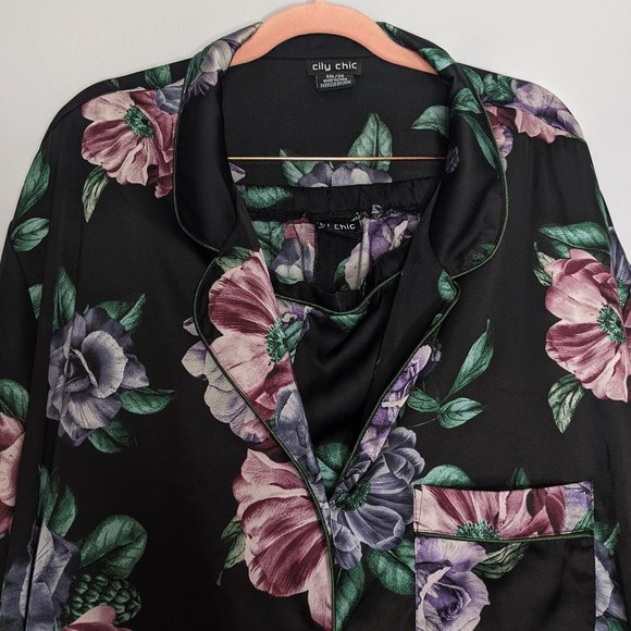 City Chic Black Satin Matching Pajama Set Floral Long Sleeve Pockets Size 24 - Picture 5 of 9